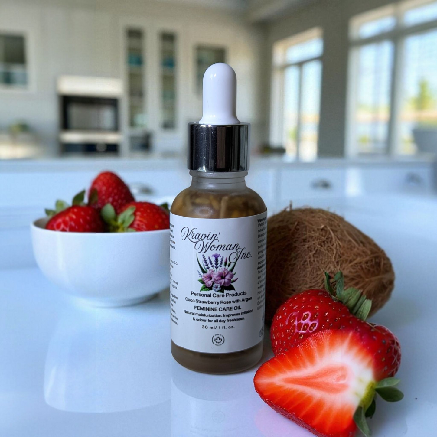 Luxury feminine care oil in frosted glass bottle by Kravin’ Woman Inc., Canada.