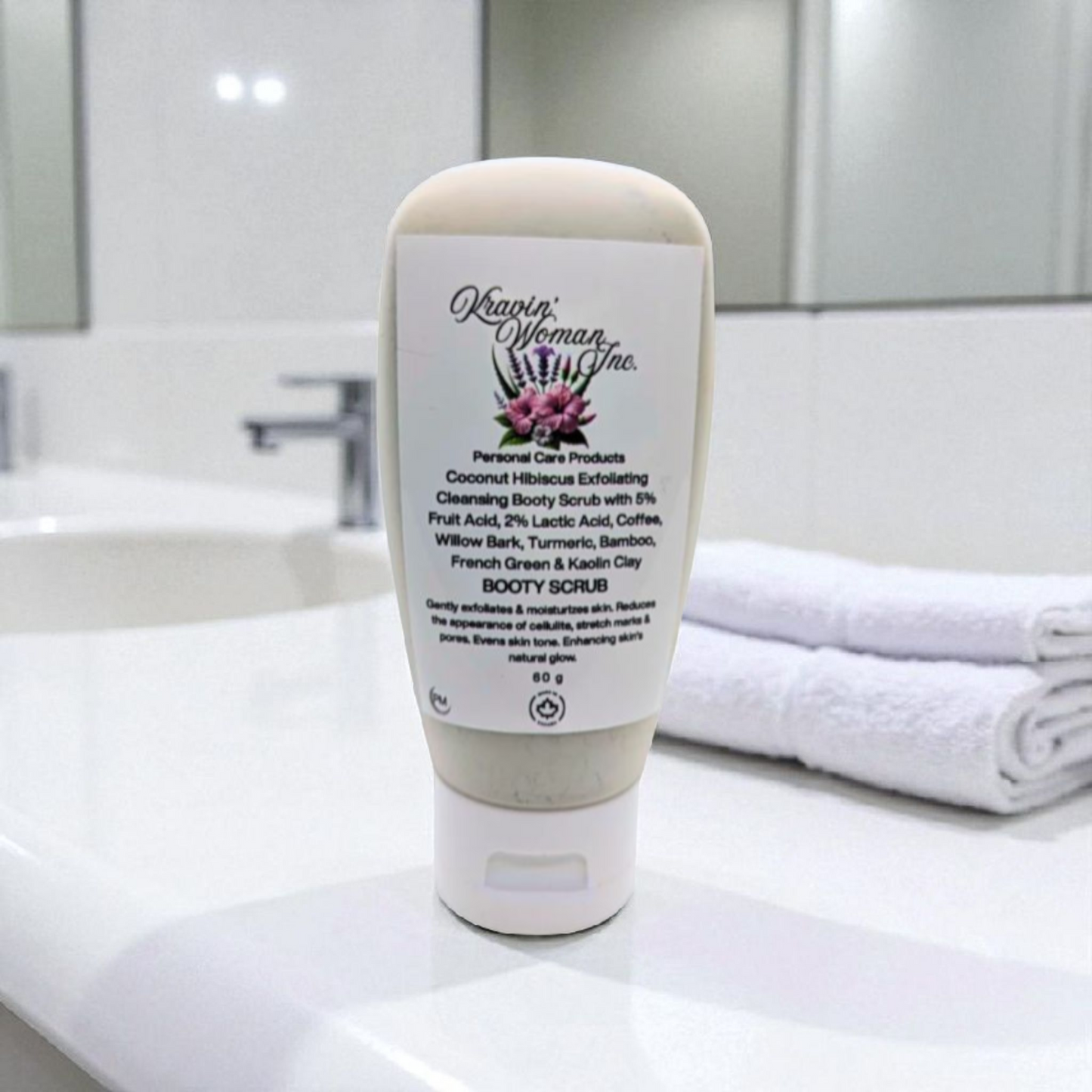 Kravin Woman Inc Black-owned luxury booty, body scrub—coconut, hibiscus, French green clay, and turmeric; natural, handmade, eco-friendly, sustainable exfoliant from Calgary, Canada.