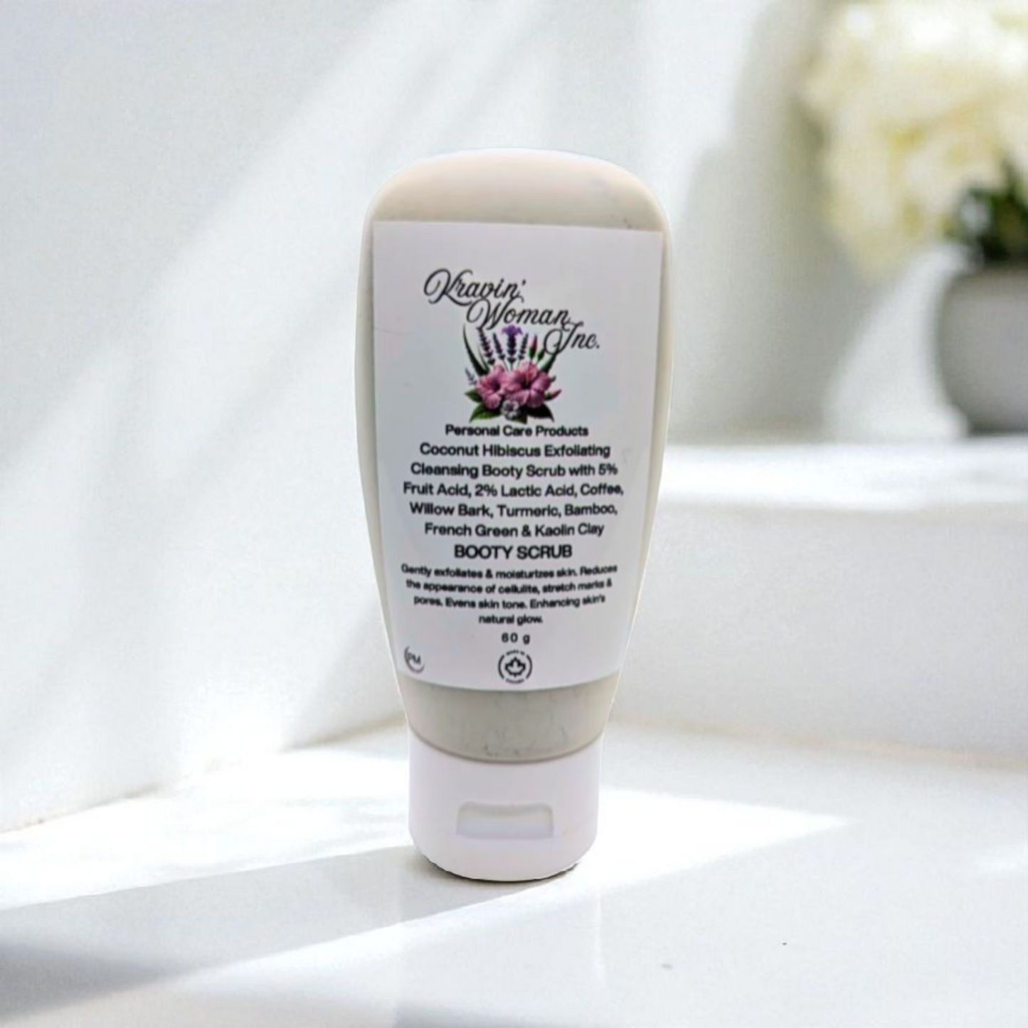 Kravin Woman Inc luxury booty scrub—natural coconut, hibiscus, French green clay, and turmeric blend; handmade, eco-friendly, sustainable, Black-owned skincare brand in Calgary