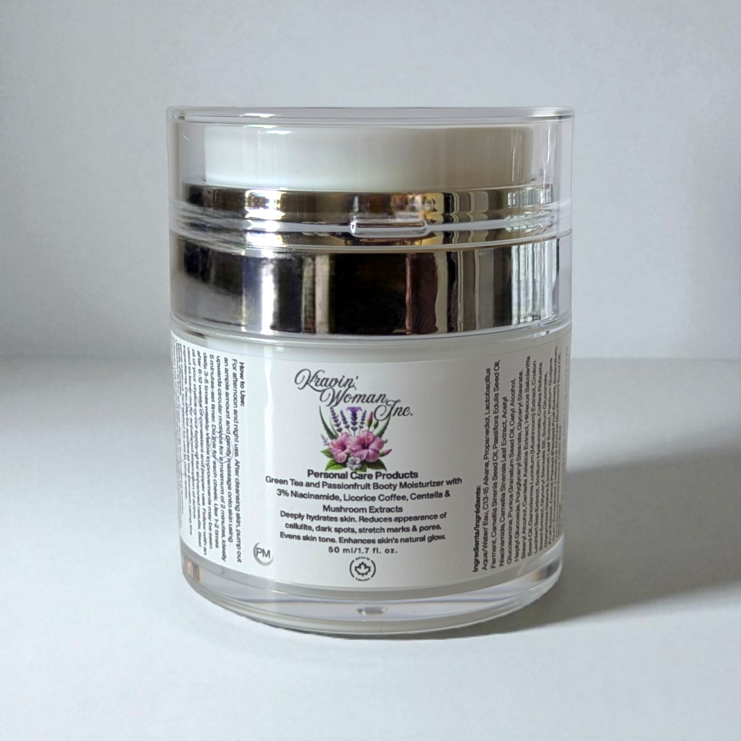 Airless Skincare jar with a label on a white background for the booty including cellulite dark spots stretch marks scars butt acne