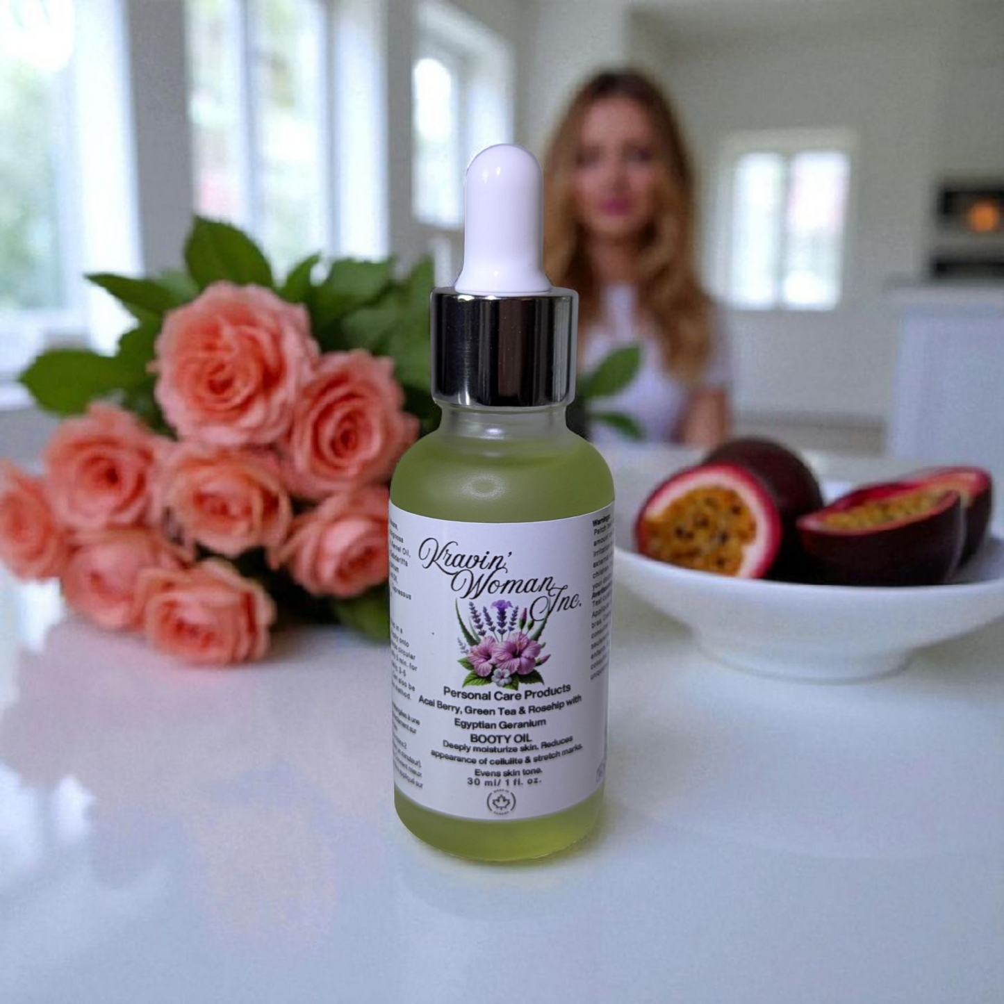 Kravin Woman Inc luxury booty oil—acai berry, vitamin C, and green tea for natural brightening and firming; handmade, eco-friendly skincare from Calgary, Canada.