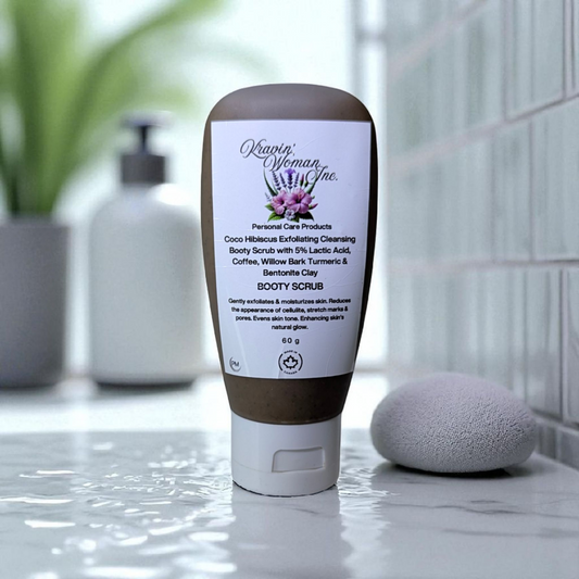 Luxury handmade Coco Hibiscus Booty Scrub from Kravin Woman Inc—eco-friendly formula produced by a female–owned Calgary skincare brand.”