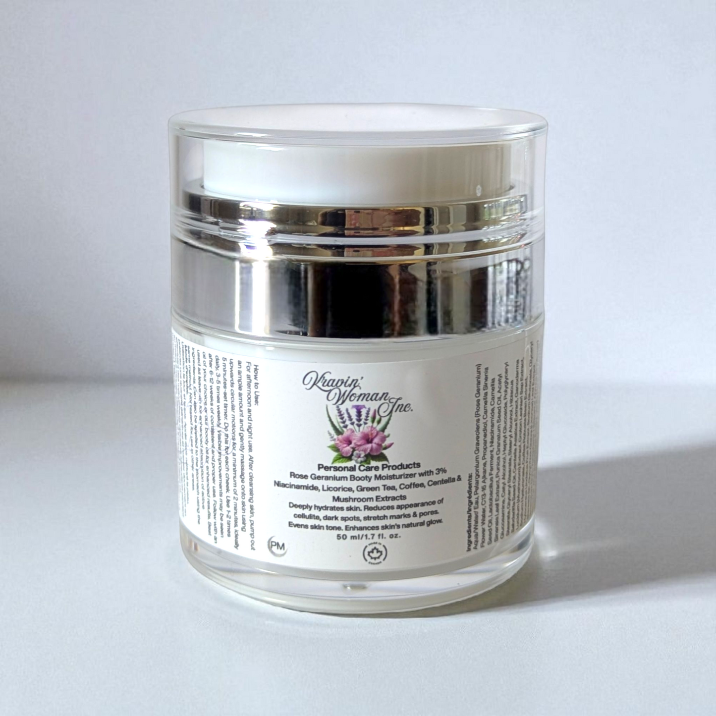 Rose Geranium Booty Moisturizer with 3% Niacinamide, Licorice, Green Tea, Coffee, Centella & Mushroom Extracts
