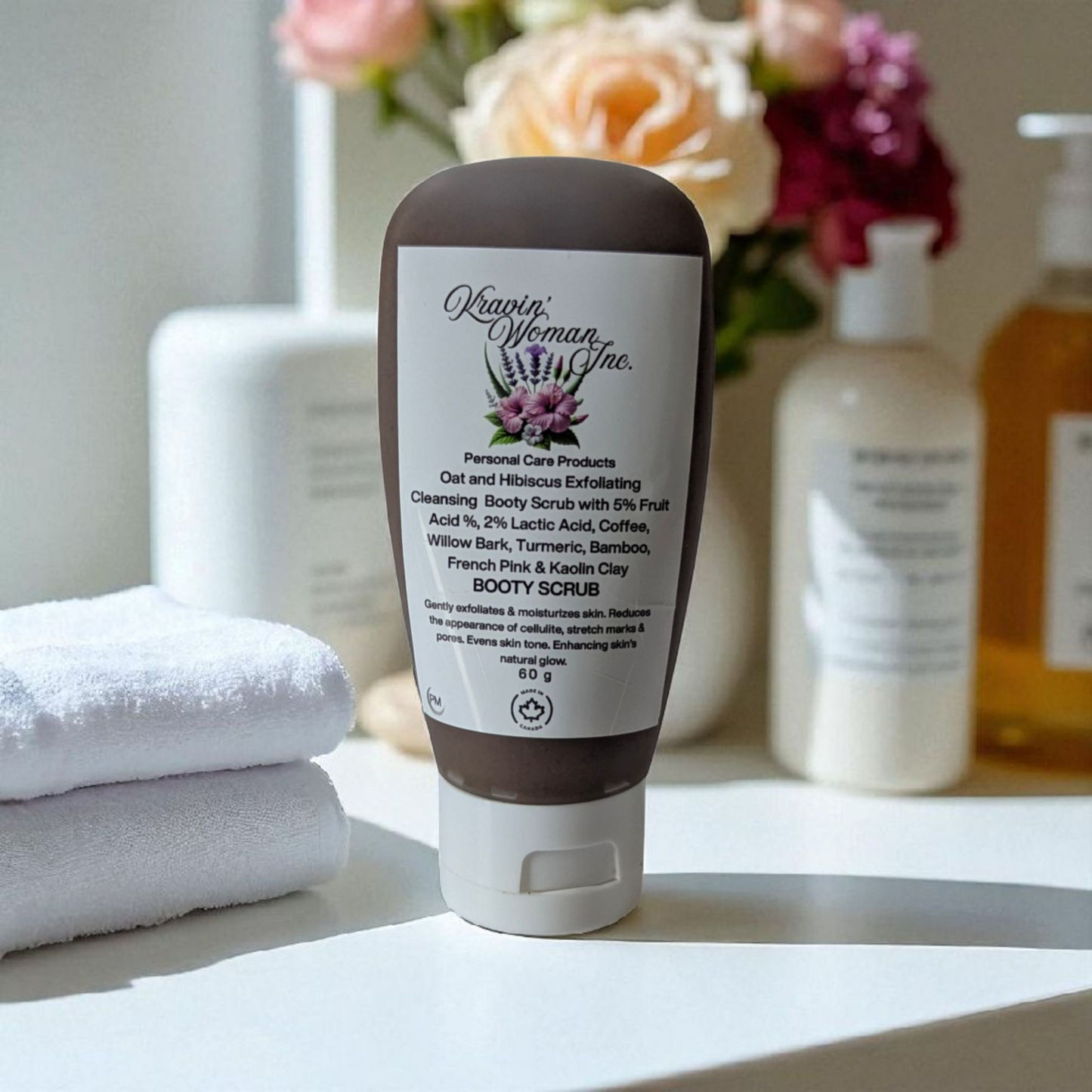 Oat and Hibiscus Exfoliating Cleansing Booty Scrub with 5% Fruit Acid %, 2% Lactic Acid, Willow Bark, Turmeric, Bamboo, French Pink & Kaolin Clay