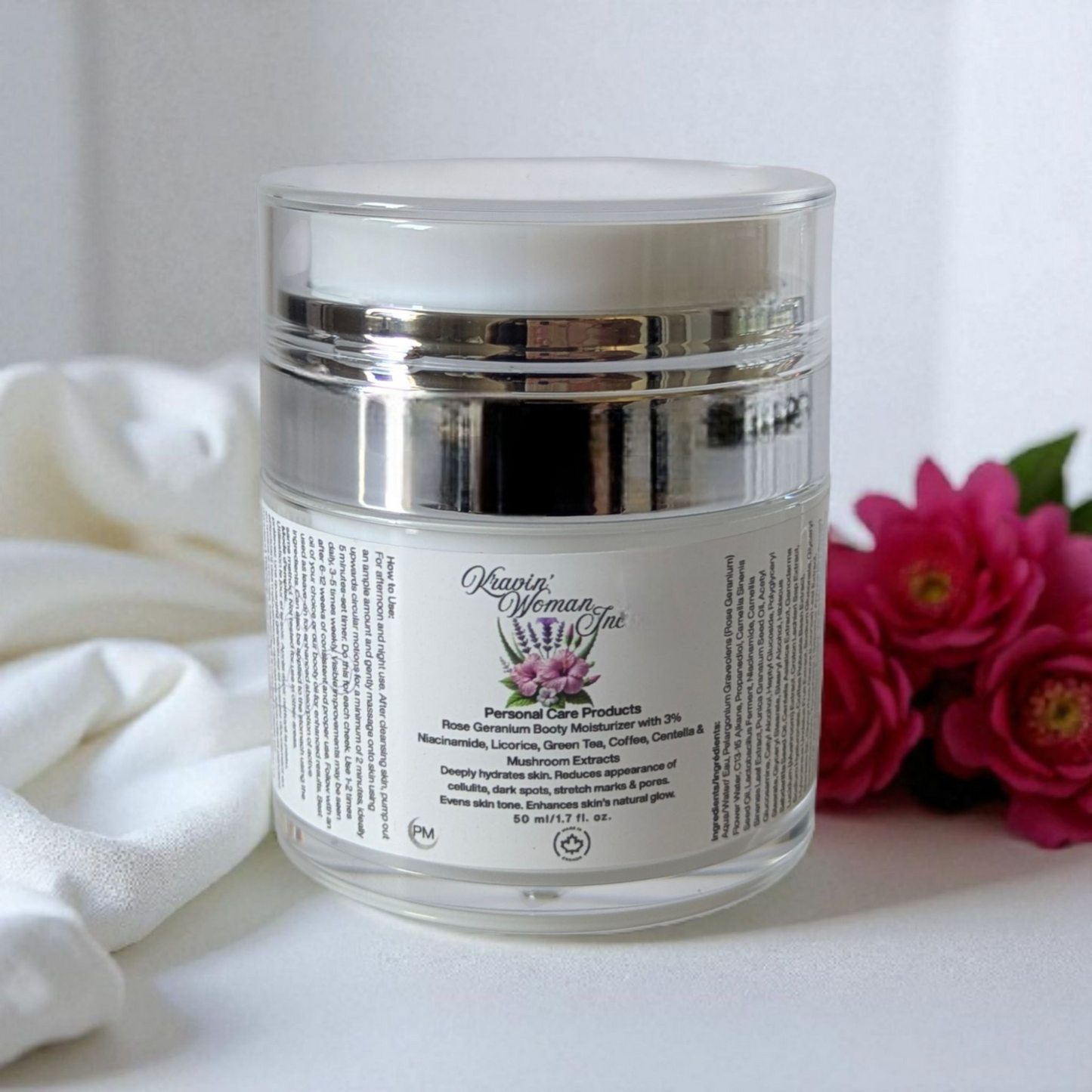 Kravin Woman Inc luxury booty moisturizer—rose and geranium brightening, cellulite, lifting, firming natural body and booty cream; handmade, eco-friendly, sustainable, Black woman–owned skincare from Calgary, Alberta, Canada.”