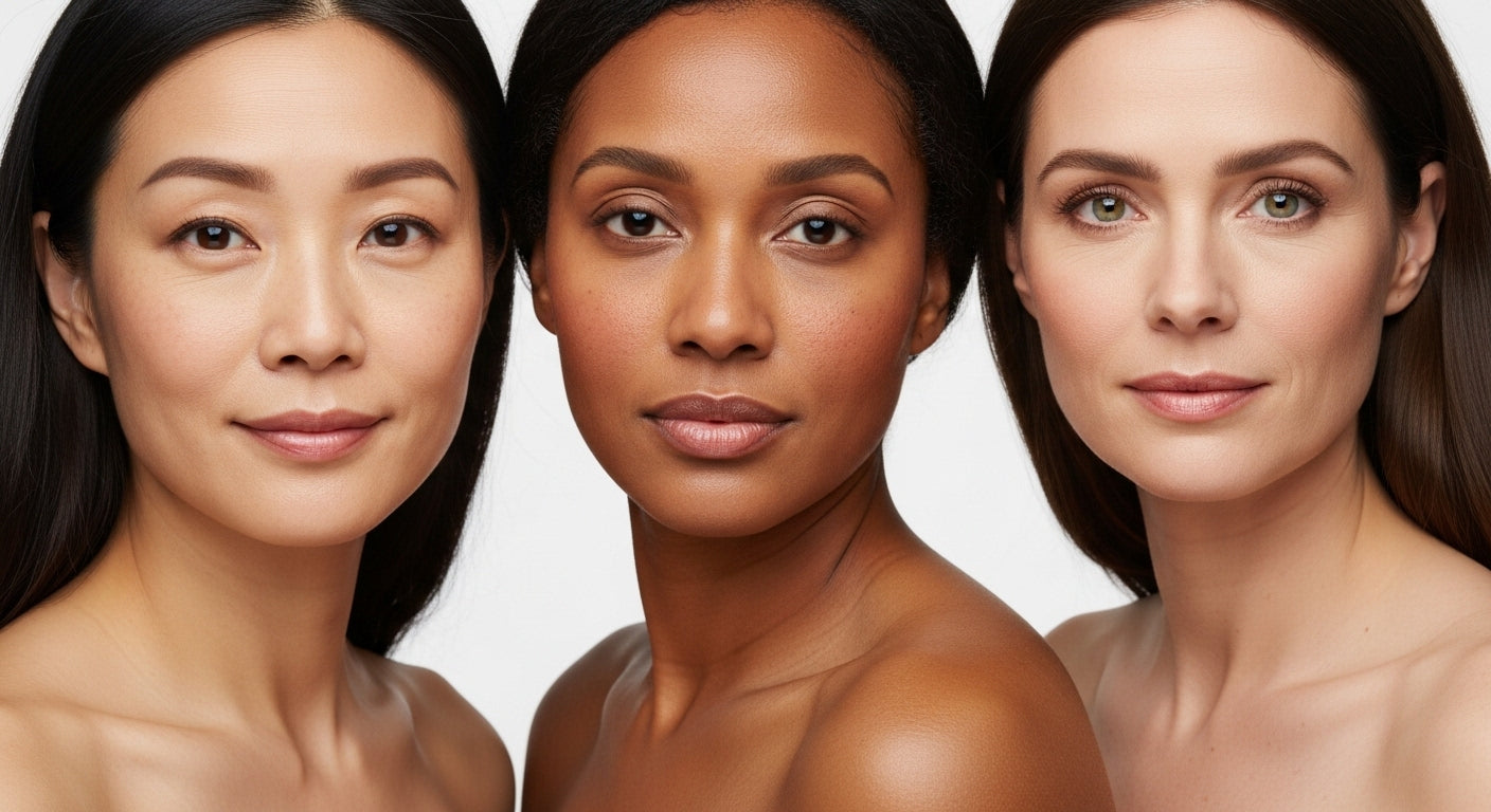 Three women with different skin tones on a white background