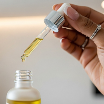 Hand holding a dropper with yellow liquid over a small bottle on a neutral background