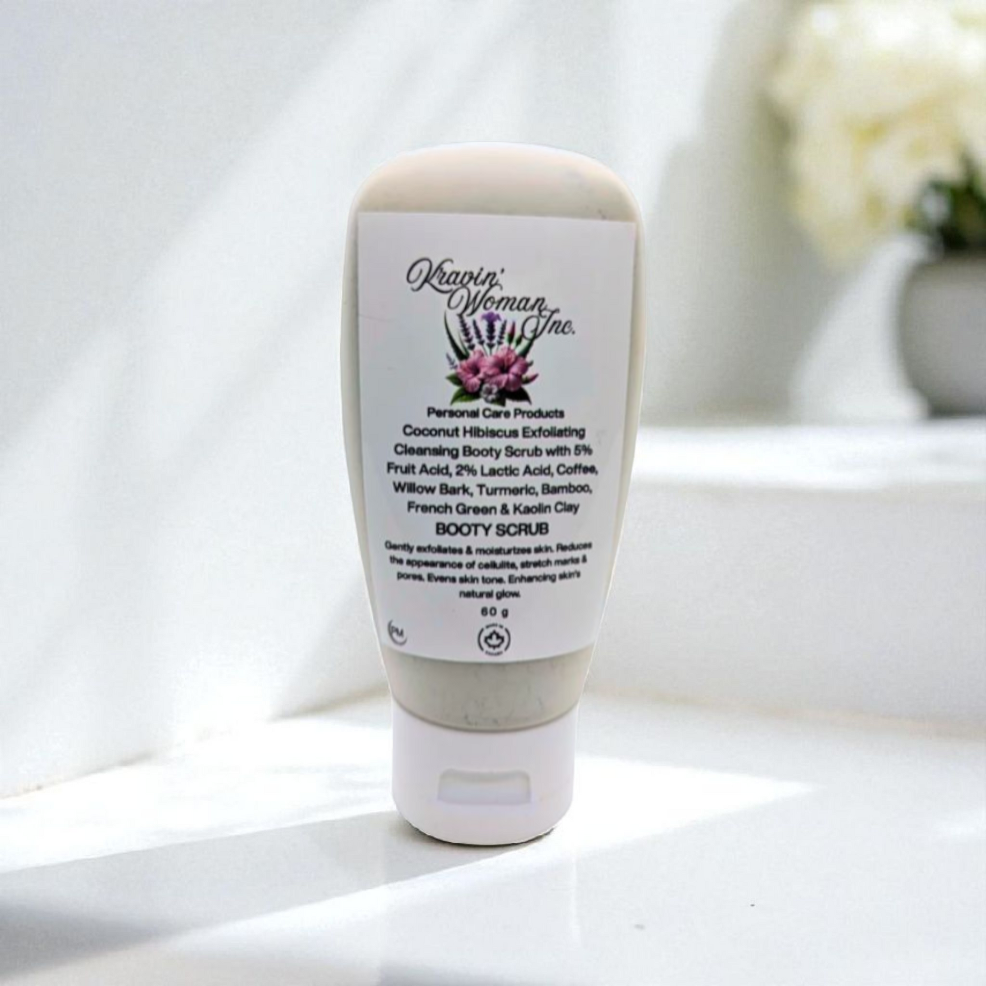 Kravin Woman Inc luxury booty scrub—natural coconut, hibiscus, French green clay, and turmeric blend; handmade, eco-friendly, sustainable, Black-owned skincare brand in Calgary