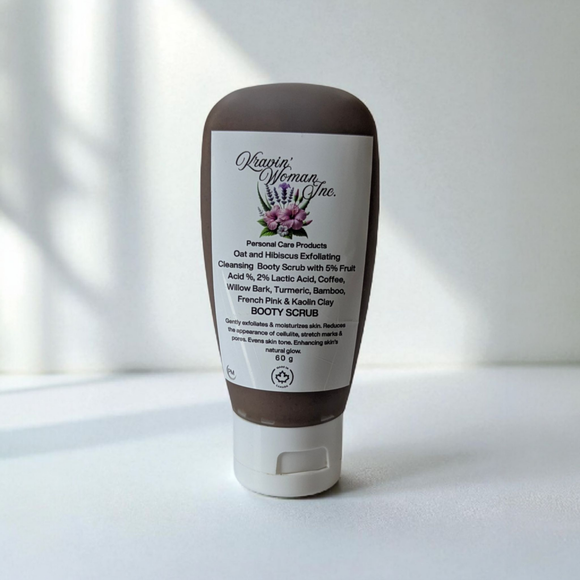 “Luxury handmade Coco Hibiscus Booty Scrub from Kravin Woman Inc—eco-friendly formula produced by a woman–owned Calgary skincare brand.