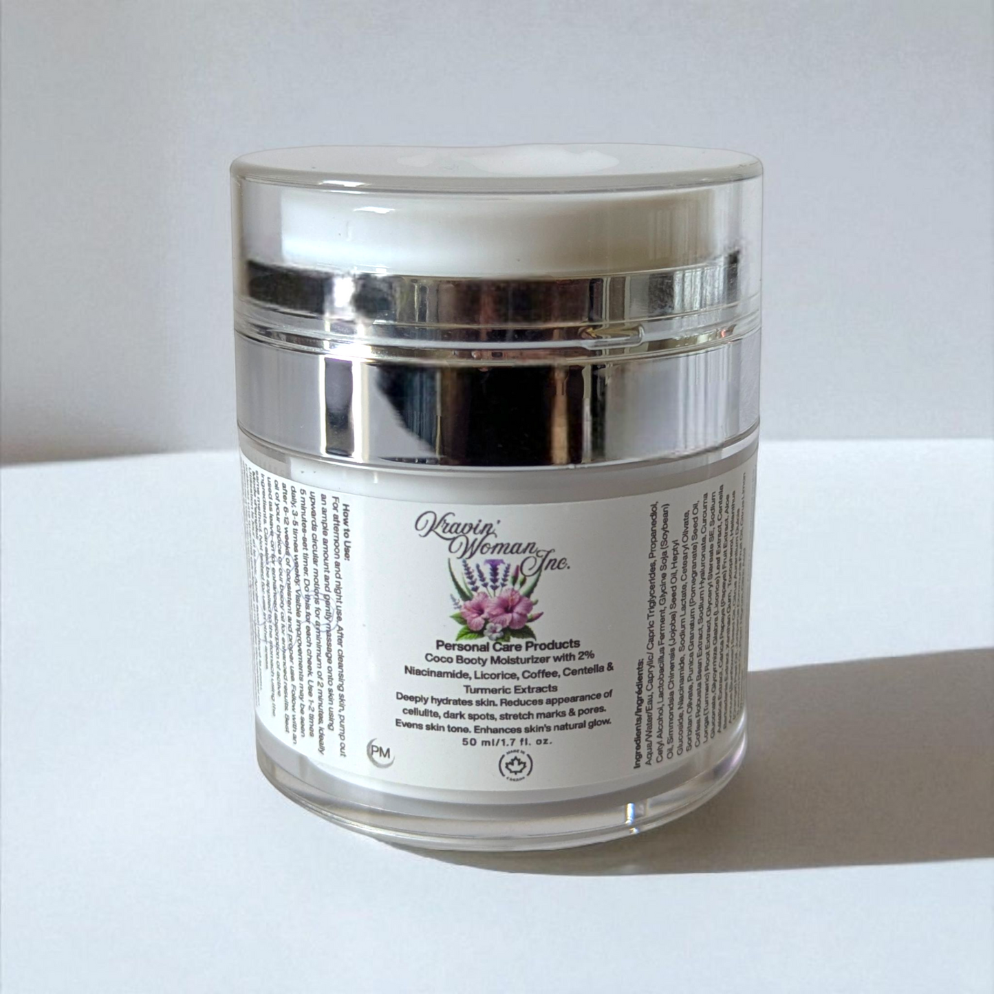 Luxury eco-friendly booty cream by Kravin Woman Inc—coco, brightening licorice, and niacinamide body moisturizer; handmade natural skincare from Calgary, Canada