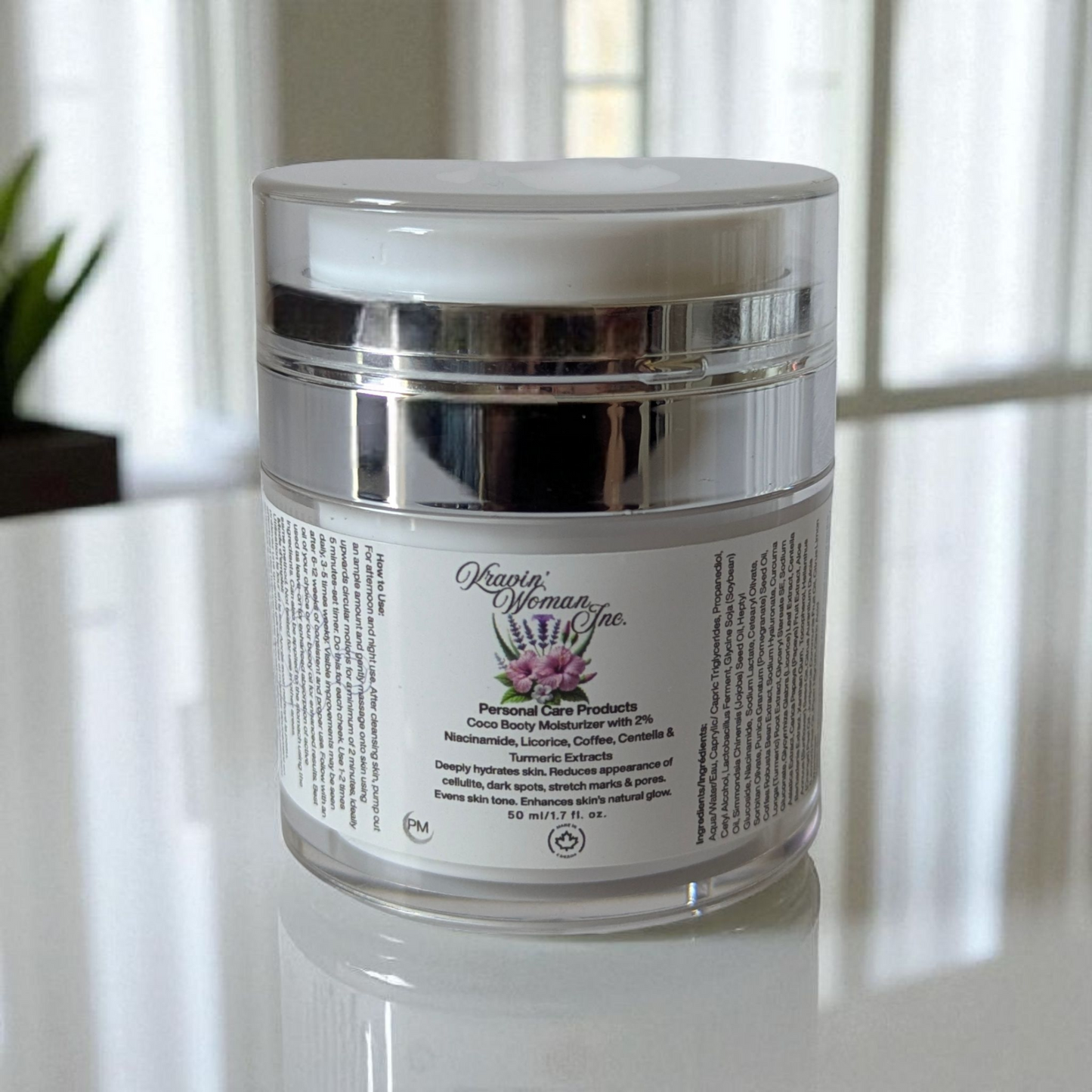 Kravin Woman Inc luxury booty moisturizer—coco, brightening licorice, and niacinamide natural body cream; handmade, eco-friendly, luxury skincare from Calgary, Canada.