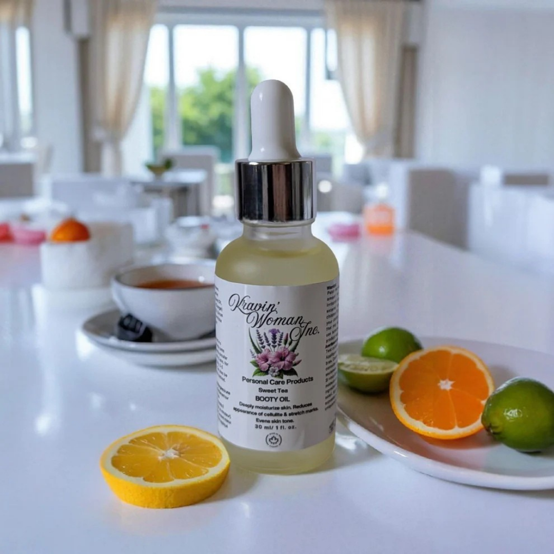 Kravin Woman Inc luxury booty oil—sweet tea brightening and firming natural body oil; handmade, eco-friendly skincare from Calgary, Canada. Bottle of 'Kravin Women Inc.' product on a kitchen counter with fruits