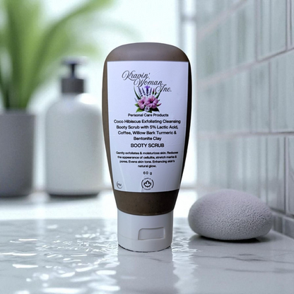 Luxury handmade Coco Hibiscus Booty Scrub from Kravin Woman Inc—eco-friendly formula produced by a female–owned Calgary skincare brand.”