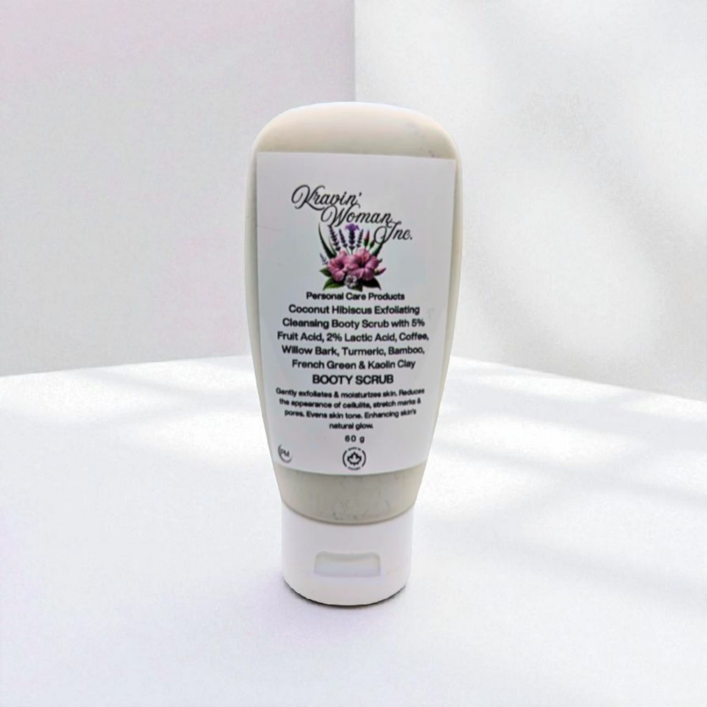 Kravin Woman Inc natural eco-luxury booty scrub—coconut, hibiscus, French green clay, and turmeric exfoliating blend; handmade by a female-owned brand in Calgary, Canada