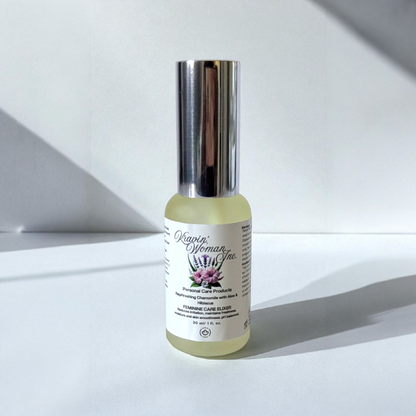 Premium handmade feminine care elixir by Kravin Woman Inc—chamomile, aloe, and hibiscus natural yoni formula in elegant frosted packaging; female–owned luxury skincare from Calgary, Alberta, Canada.