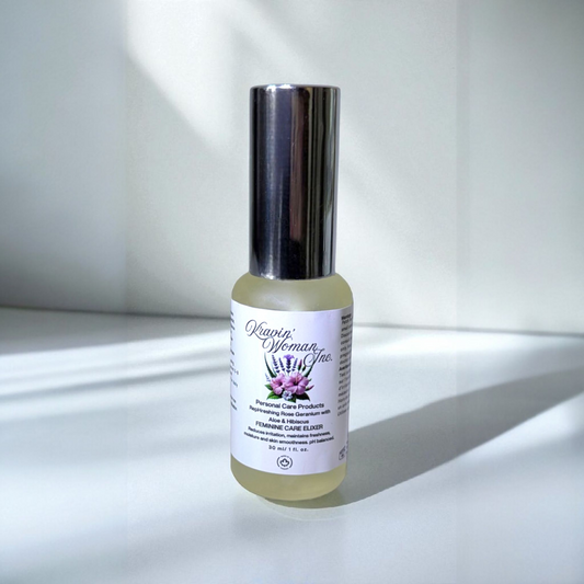 Handcrafted natural yoni elixir from Kravin Woman Inc—rose, aloe, hibiscus, apple cider vinegar, and honey in premium frosted packaging; luxury woman-owned brand in Calgary, Alberta, Canada