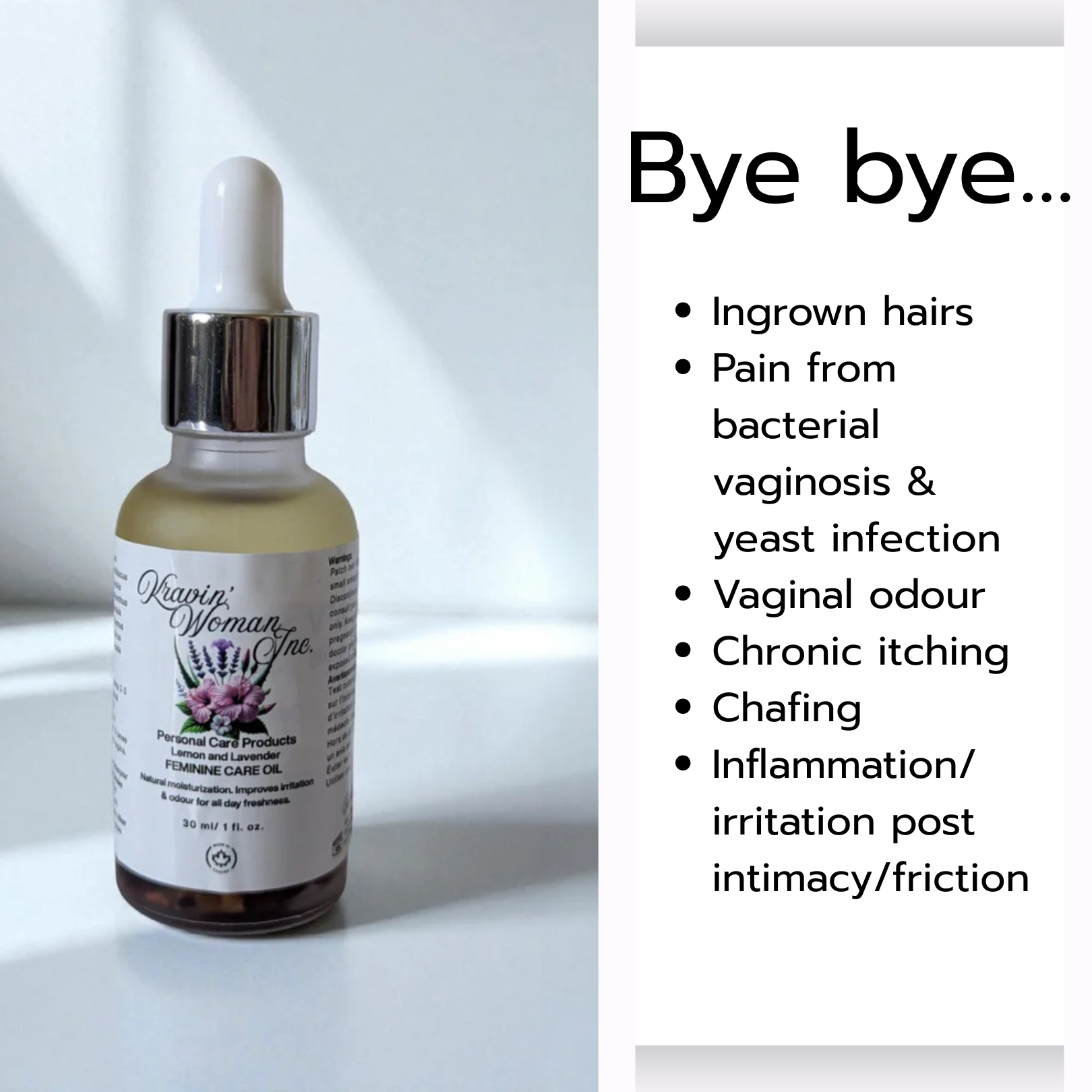 Luxury feminine care oil in frosted glass bottle by Kravin’ Woman Inc., Canada.