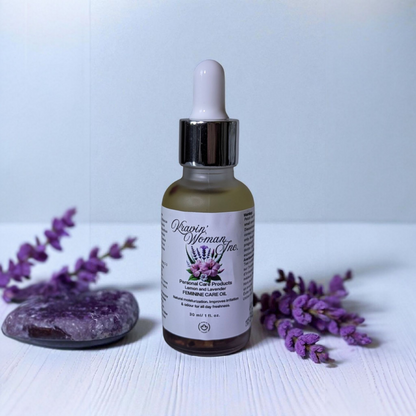 Luxury feminine care oil in frosted glass bottle by Kravin’ Woman Inc., Canada.