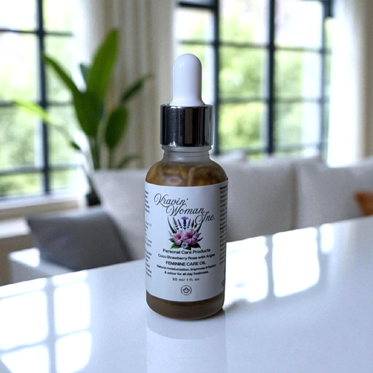 Kravin Woman Inc natural intimate feminine care oil in premium frosted packaging—coconut and strawberry formula; handmade, sustainable, female-owned skincare from Calgary, Canada.